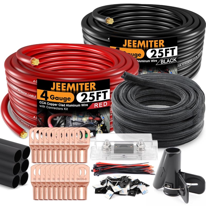 Jeemiter 4 Gauge Wire All-in-One Kit | with ANL Fuse, Wire Loom, Lugs, Heat Shrink | Complete Power & Ground Cable for Car Audio, Solar, RV & Marine Applications - Image 1
